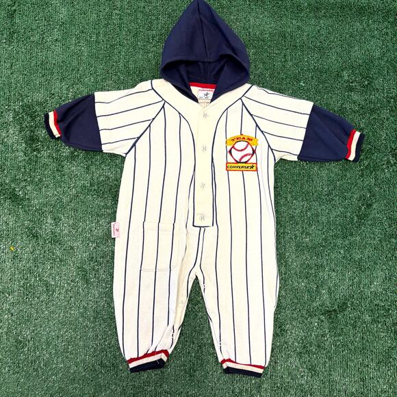 Converse Other - Vintage 90s Converse Hooded Jumpsuit Boys 18 Months Cream Navy Striped Baseball